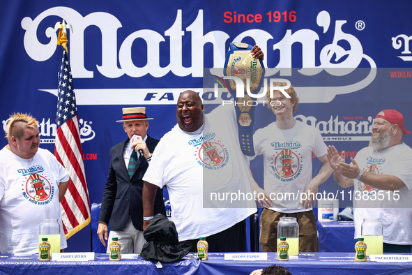 Contestants attend lemonade drinking contest during Nathan's Famous Hot Dogs Eating Contest which takes place annually at Coney Island on In...