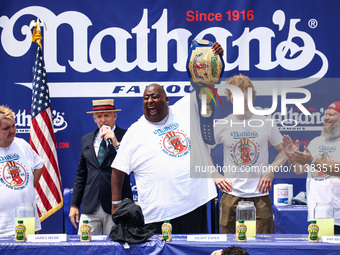 Contestants attend lemonade drinking contest during Nathan's Famous Hot Dogs Eating Contest which takes place annually at Coney Island on In...