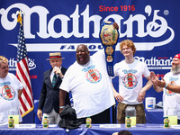 Contestants attend lemonade drinking contest during Nathan's Famous Hot Dogs Eating Contest which takes place annually at Coney Island on In...