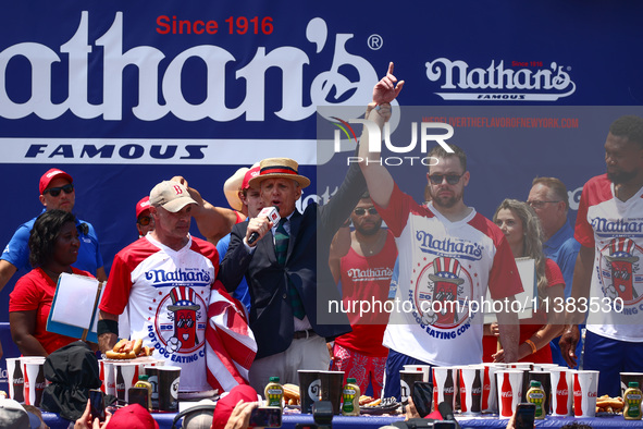 Patrick Bertoletti attends the men's title during Nathan's Famous Hot Dogs Eating Contest which takes place annually at Coney Island on Inde...