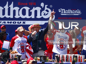 Patrick Bertoletti attends the men's title during Nathan's Famous Hot Dogs Eating Contest which takes place annually at Coney Island on Inde...