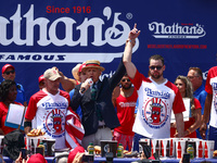 Patrick Bertoletti attends the men's title during Nathan's Famous Hot Dogs Eating Contest which takes place annually at Coney Island on Inde...