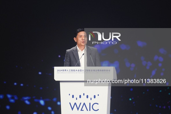 Robin Li, founder, chairman, and CEO of Baidu, is delivering a keynote speech at the World Artificial Intelligence Conference 2024 in Shangh...