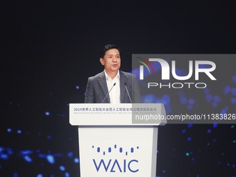 Robin Li, founder, chairman, and CEO of Baidu, is delivering a keynote speech at the World Artificial Intelligence Conference 2024 in Shangh...