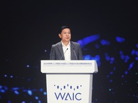 Robin Li, founder, chairman, and CEO of Baidu, is delivering a keynote speech at the World Artificial Intelligence Conference 2024 in Shangh...