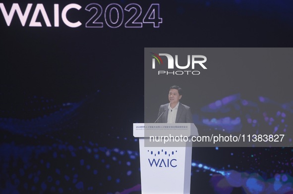 Robin Li, founder, chairman, and CEO of Baidu, is delivering a keynote speech at the World Artificial Intelligence Conference 2024 in Shangh...