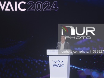 Robin Li, founder, chairman, and CEO of Baidu, is delivering a keynote speech at the World Artificial Intelligence Conference 2024 in Shangh...