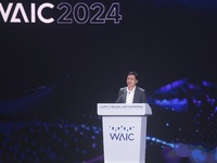 Robin Li, founder, chairman, and CEO of Baidu, is delivering a keynote speech at the World Artificial Intelligence Conference 2024 in Shangh...