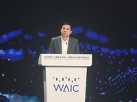 Robin Li, founder, chairman, and CEO of Baidu, is delivering a keynote speech at the World Artificial Intelligence Conference 2024 in Shangh...