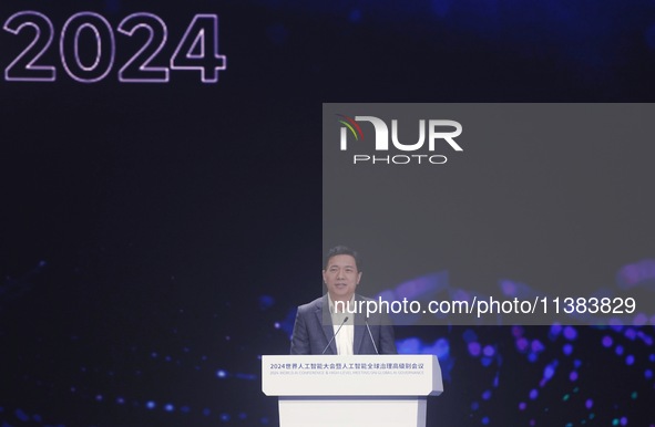 Robin Li, founder, chairman, and CEO of Baidu, is delivering a keynote speech at the World Artificial Intelligence Conference 2024 in Shangh...