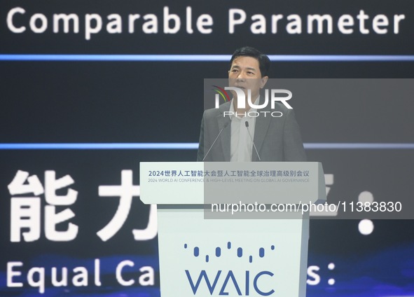 Robin Li, founder, chairman, and CEO of Baidu, is delivering a keynote speech at the World Artificial Intelligence Conference 2024 in Shangh...