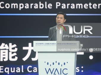 Robin Li, founder, chairman, and CEO of Baidu, is delivering a keynote speech at the World Artificial Intelligence Conference 2024 in Shangh...