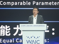 Robin Li, founder, chairman, and CEO of Baidu, is delivering a keynote speech at the World Artificial Intelligence Conference 2024 in Shangh...