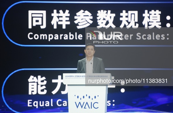 Robin Li, founder, chairman, and CEO of Baidu, is delivering a keynote speech at the World Artificial Intelligence Conference 2024 in Shangh...