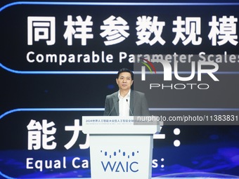 Robin Li, founder, chairman, and CEO of Baidu, is delivering a keynote speech at the World Artificial Intelligence Conference 2024 in Shangh...