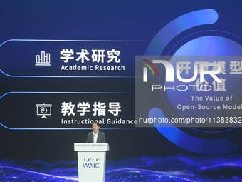 Robin Li, founder, chairman, and CEO of Baidu, is delivering a keynote speech at the World Artificial Intelligence Conference 2024 in Shangh...