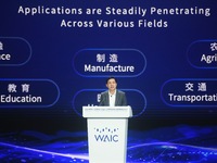 Robin Li, founder, chairman, and CEO of Baidu, is delivering a keynote speech at the World Artificial Intelligence Conference 2024 in Shangh...