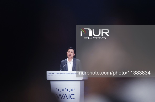 Robin Li, founder, chairman, and CEO of Baidu, is delivering a keynote speech at the World Artificial Intelligence Conference 2024 in Shangh...