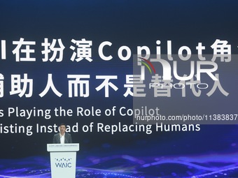 Robin Li, founder, chairman, and CEO of Baidu, is delivering a keynote speech at the World Artificial Intelligence Conference 2024 in Shangh...