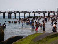 A view on Pat Auletta Steeplechase Pier and crowds of people enjoying the beach at Coney Island Beach on Independence Day in New York, Unite...