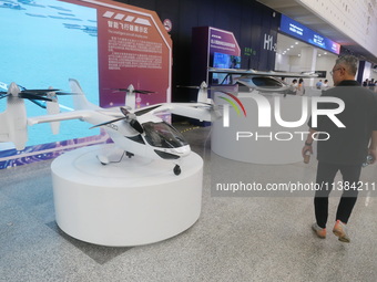 A low-altitude vehicle is being displayed at the WAIC World Artificial Intelligence Conference in Shanghai, China, on July 4, 2024. (