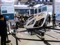 A low-altitude aircraft is displaying at the CITIC Group exhibition area at the WAIC World Artificial Intelligence Conference in Shanghai, C...