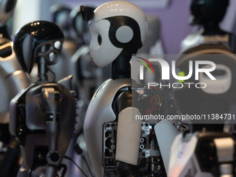 18 Humanoid Robot Vanguard Matrix are being displayed at the entrance of WAIC, World Artificial Intelligence Conference at Shanghai World Ex...