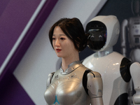 18 Humanoid Robot Vanguard Matrix are being displayed at the entrance of WAIC, World Artificial Intelligence Conference at Shanghai World Ex...