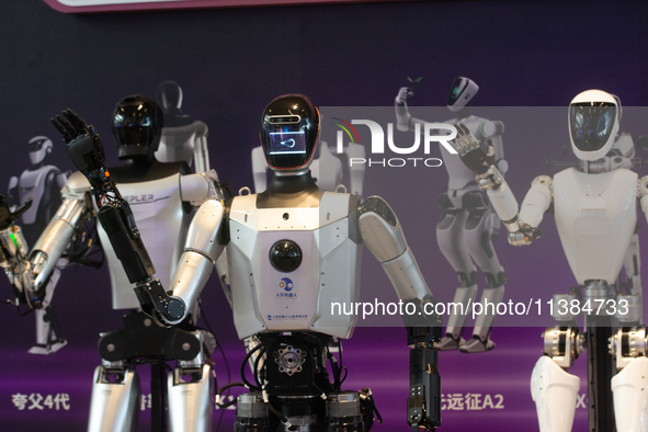 18 Humanoid Robot Vanguard Matrix are being displayed at the entrance of WAIC, World Artificial Intelligence Conference at Shanghai World Ex...