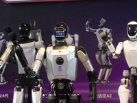 18 Humanoid Robot Vanguard Matrix are being displayed at the entrance of WAIC, World Artificial Intelligence Conference at Shanghai World Ex...