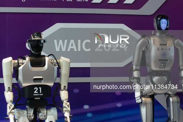 18 Humanoid Robot Vanguard Matrix are being displayed at the entrance of WAIC, World Artificial Intelligence Conference at Shanghai World Ex...