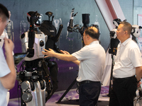 18 Humanoid Robot Vanguard Matrix are being displayed at the entrance of WAIC, World Artificial Intelligence Conference at Shanghai World Ex...