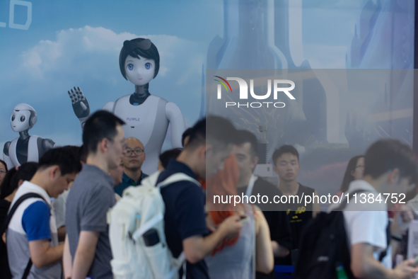 Visitors are visiting the World Artificial Intelligence Conference at the Shanghai World Expo Exhibition Center in Shanghai, China, on July...