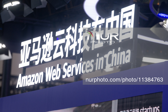 The logo of Amazon Web Services is being seen at the World Artificial Intelligence Conference at the Shanghai World Expo Exhibition Center i...