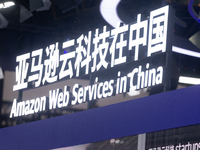 The logo of Amazon Web Services is being seen at the World Artificial Intelligence Conference at the Shanghai World Expo Exhibition Center i...