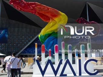 Visitors are visiting WAIC, World Artificial Intelligence Conference, at Shanghai World Expo Exhibition Center in Shanghai, China, on July 5...