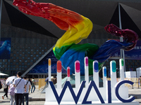 Visitors are visiting WAIC, World Artificial Intelligence Conference, at Shanghai World Expo Exhibition Center in Shanghai, China, on July 5...