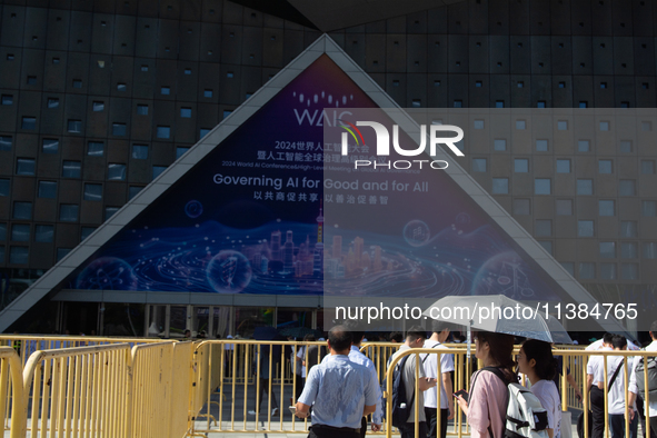 Visitors are visiting WAIC, World Artificial Intelligence Conference, at Shanghai World Expo Exhibition Center in Shanghai, China, on July 5...