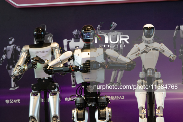 18 Humanoid Robot Vanguard Matrix are being displayed at the entrance of WAIC, World Artificial Intelligence Conference at Shanghai World Ex...