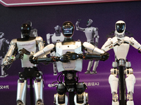 18 Humanoid Robot Vanguard Matrix are being displayed at the entrance of WAIC, World Artificial Intelligence Conference at Shanghai World Ex...