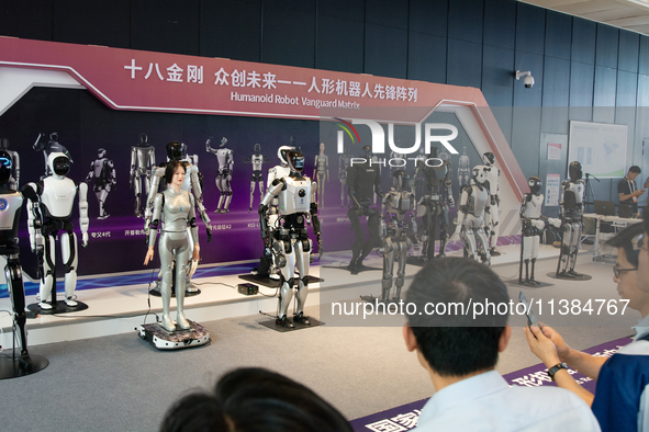 18 Humanoid Robot Vanguard Matrix are being displayed at the entrance of WAIC, World Artificial Intelligence Conference at Shanghai World Ex...