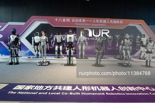 18 Humanoid Robot Vanguard Matrix are being displayed at the entrance of WAIC, World Artificial Intelligence Conference at Shanghai World Ex...