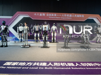 18 Humanoid Robot Vanguard Matrix are being displayed at the entrance of WAIC, World Artificial Intelligence Conference at Shanghai World Ex...