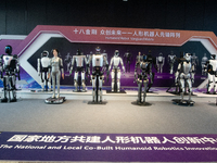 18 Humanoid Robot Vanguard Matrix are being displayed at the entrance of WAIC, World Artificial Intelligence Conference at Shanghai World Ex...