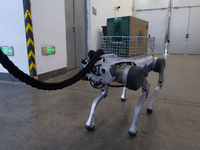 The robot dog is carrying a pack of water at the World Artificial Intelligence Conference at the Shanghai World Expo Exhibition Center in Sh...