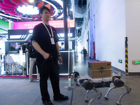 The robot dog is carrying a pack of water at the World Artificial Intelligence Conference at the Shanghai World Expo Exhibition Center in Sh...