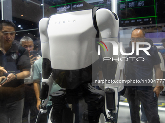 Visitors are taking pictures of the second-generation Optimus Humanoid Robot at the Tesla stand at the World Artificial Intelligence Confere...