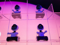 Small robots for children learning are being displayed at the World Artificial Intelligence Conference at the Shanghai World Expo Exhibition...