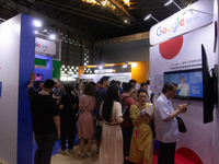 Visitors are visiting the Google stand at the World Artificial Intelligence Conference at the Shanghai World Expo Exhibition Center in Shang...