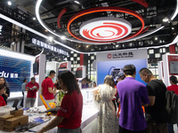 Visitors are visiting the Hanwang Technology stand at the World Artificial Intelligence Conference at the Shanghai World Expo Exhibition Cen...